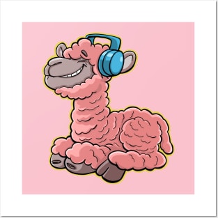 pink llama is listening to good music on headphones Posters and Art